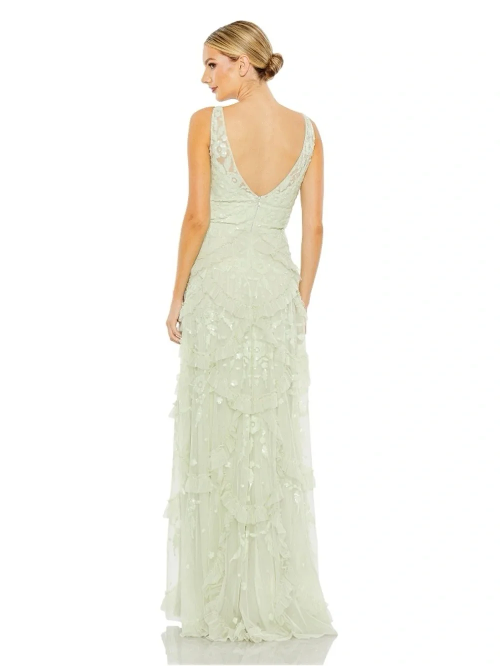 Mac Duggal 9162 Green Sequined Scallop Ruffle Tiered V-Neck Gown Size 16 NWT